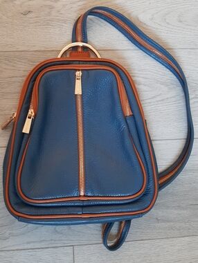 Valentina Blue Leather Top Handle Crossbody Sling Bag/Backpack with Tan Trim